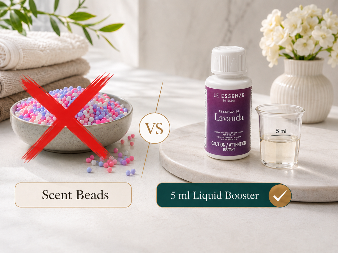 Scent beads crossed out beside Le Essenze di Elda Lavanda liquid laundry scent booster and a 5 ml measuring cup.