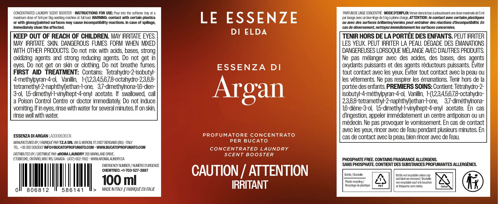 Argan label and ingredients of scent booster by aROMA Laundry Canada. 