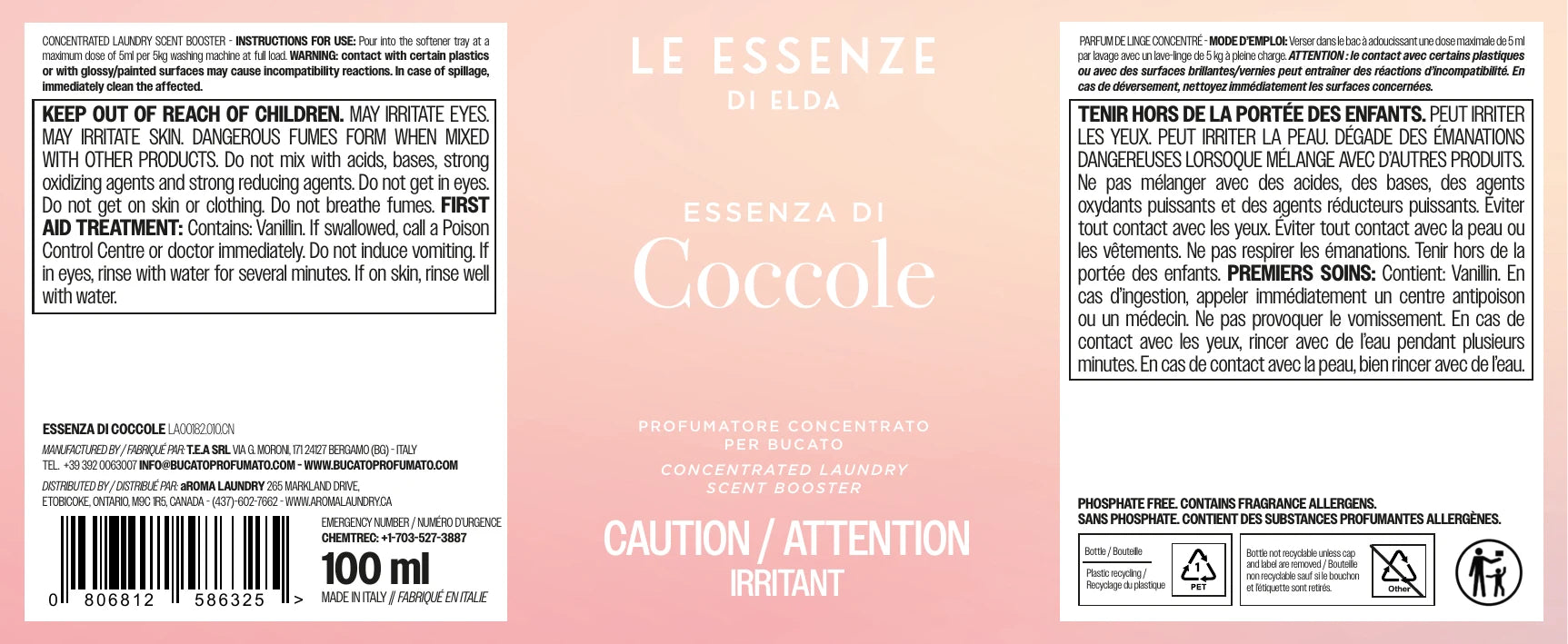 Coccole label is including all the ingredients in the 100 ml bottle of scent booster.