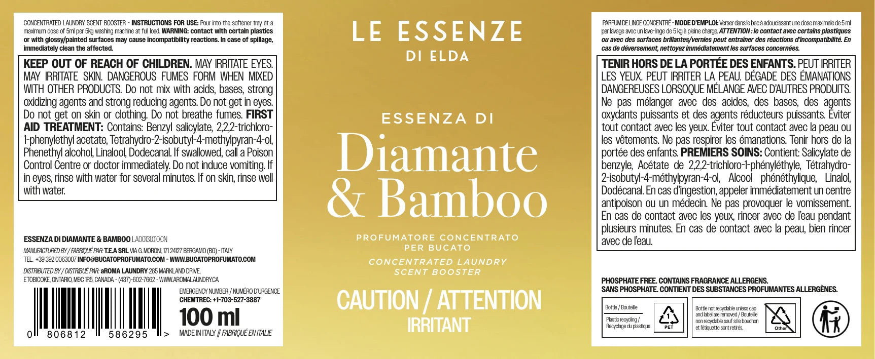 Diamante Bamboo scent booster label and ingredients in 100ml bottle. 