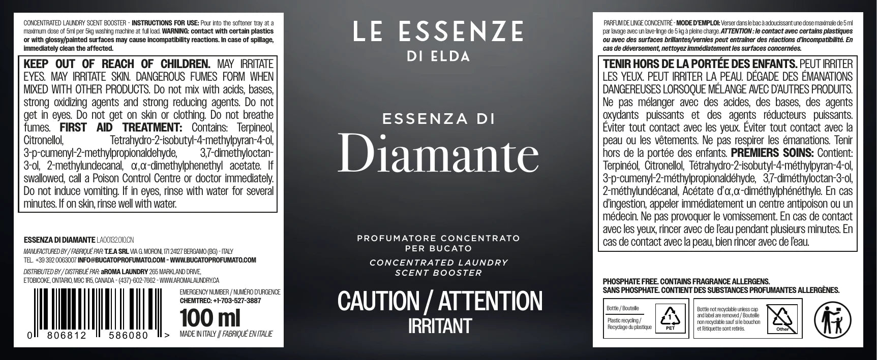 Diamante scent booster label and ingredients.