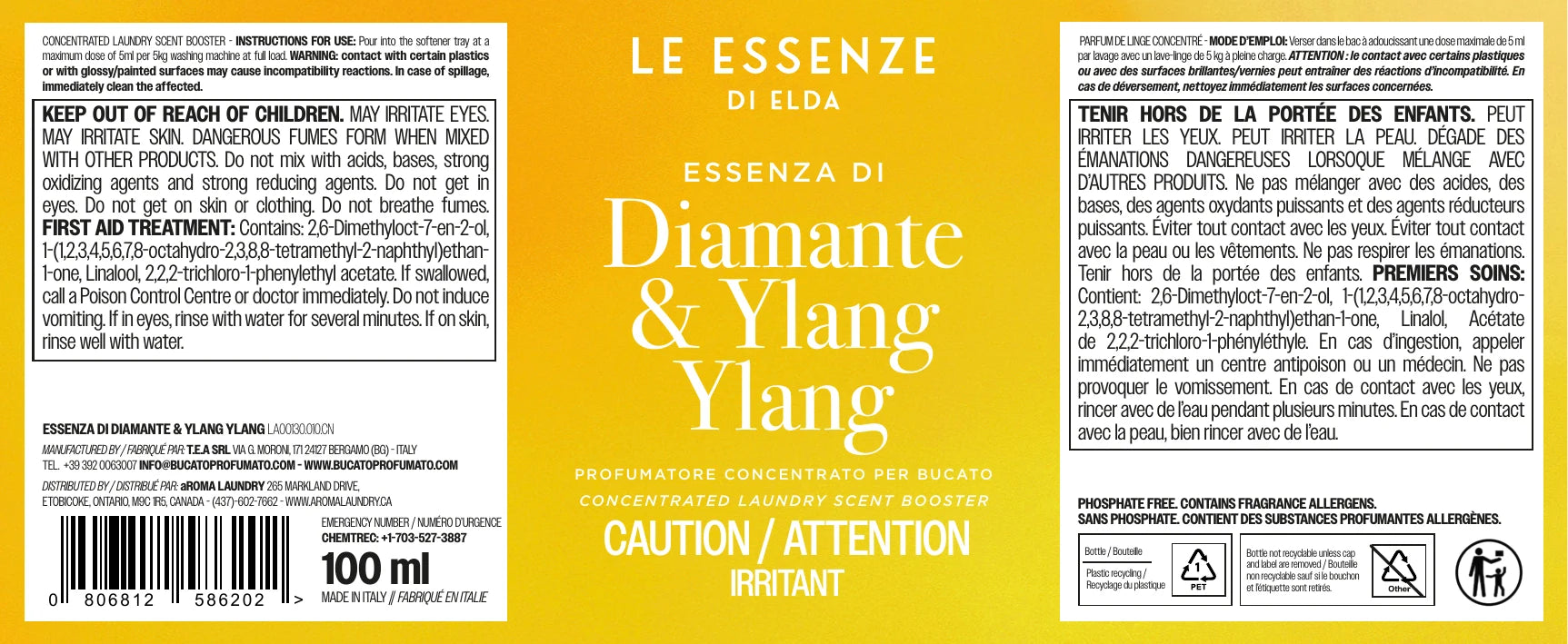 Diamante & Ylang Ylang laundry scent booster 100ml label with ingredients by aROMA Laundry Canada.