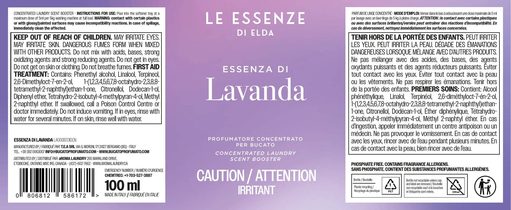 Lavender laundry scent booster ingredients and label for 100ml by aROMA Laundry Canada.
